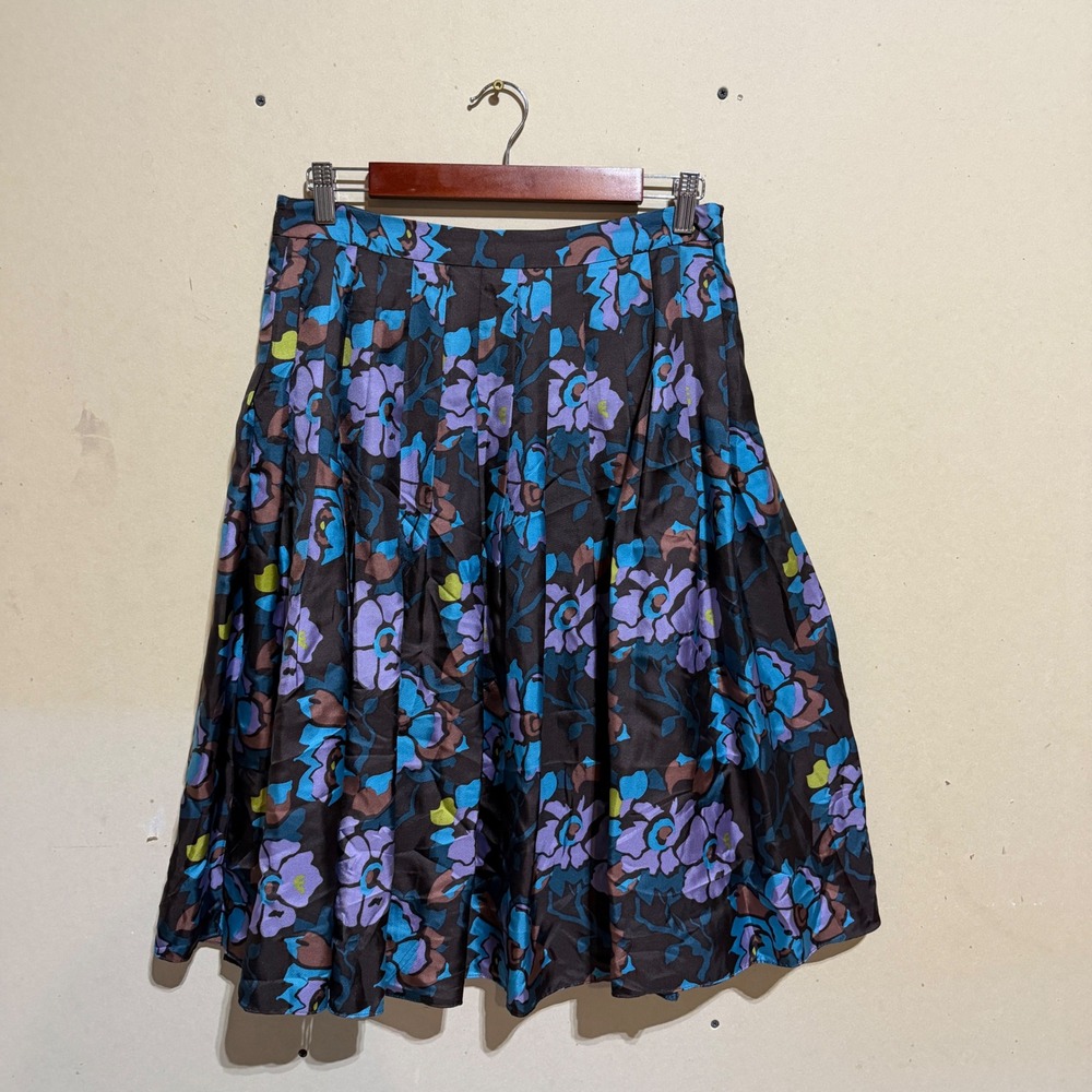 Saks Fifth Avenue 100% Silk Floral Pleated Midi Skirt Brown Teal Purple Size 8